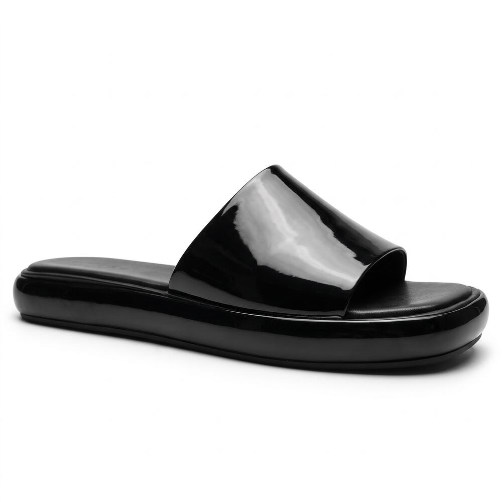 Vince Evie Black Patent Shiny Slide Sandals Women's 9.5M Vacation Quiet Luxury